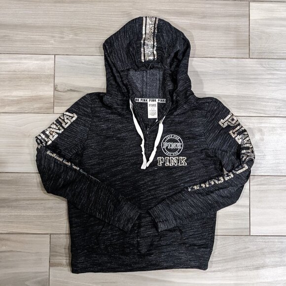 PINK Victoria Secret Bling Quarter Zip Hoodie Marl Black with Silver Sequins - Picture 1 of 3